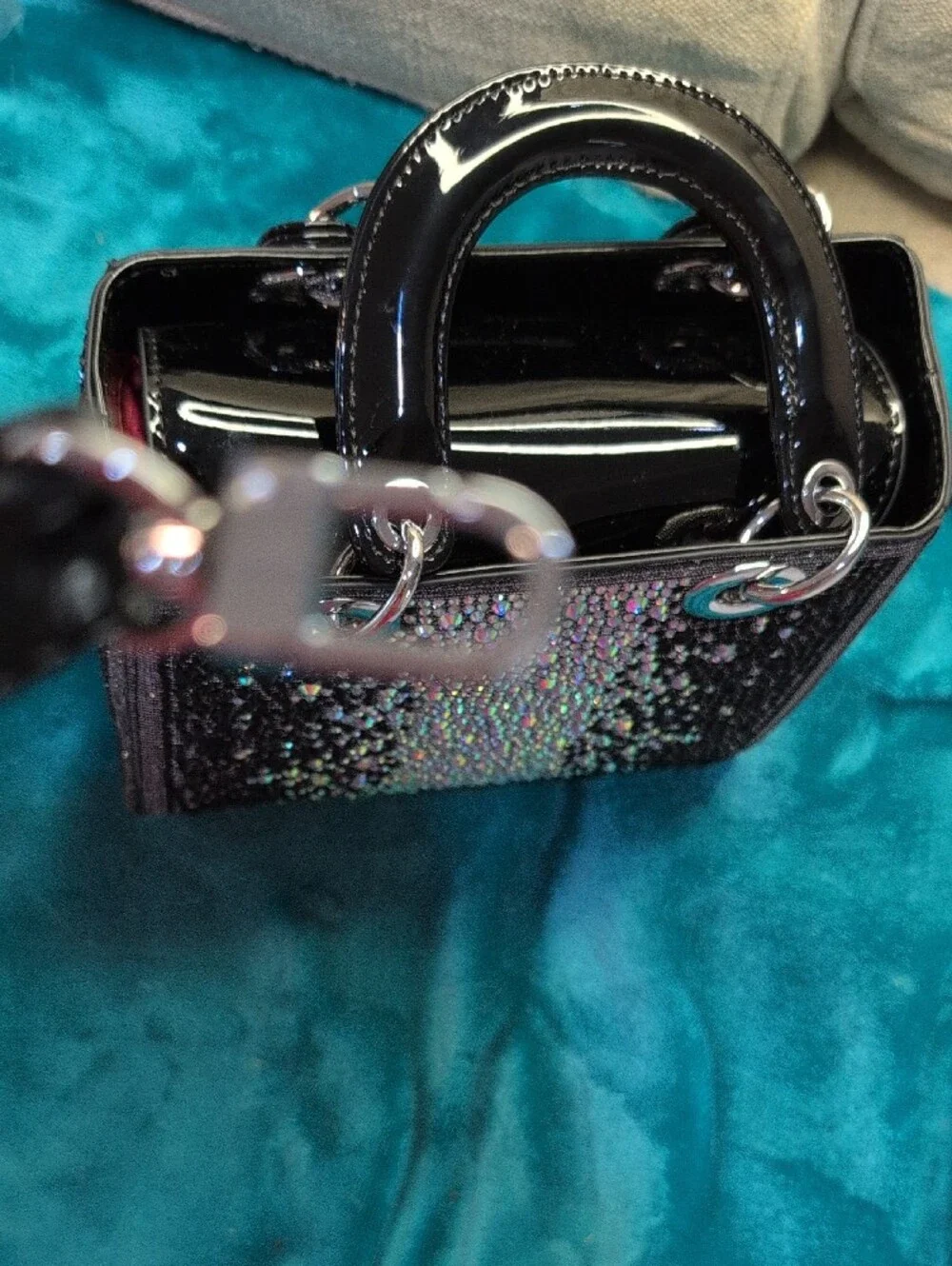 Crystal-Embellished Black Patent Mini Tote With Crossbody Strap - Picture 16 of 16